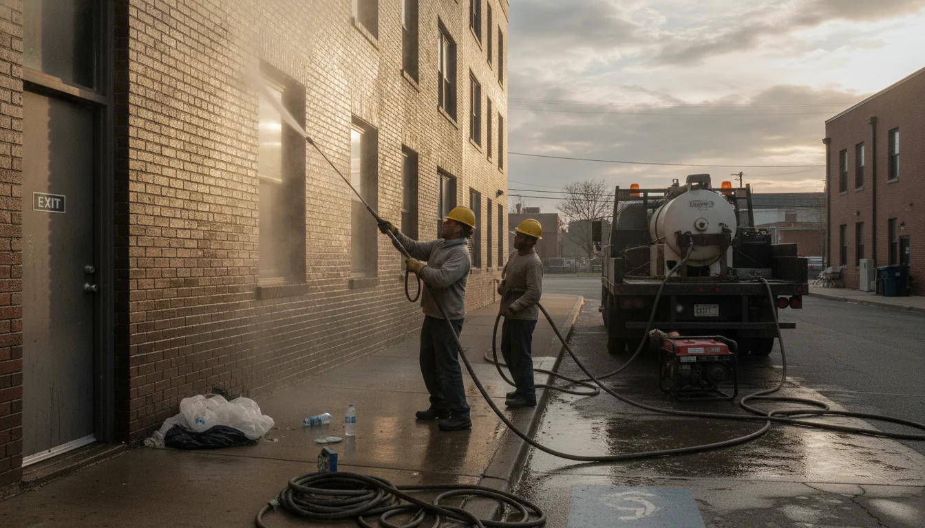 Commercial building exterior pressure washing with safe venting and considerate scheduling in Lafayette