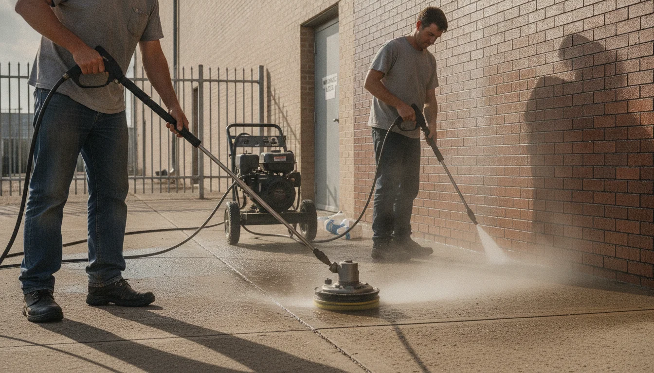 Pressure washing vs power washing in Lafayette: methods for concrete, brick, metal, and commercial pads