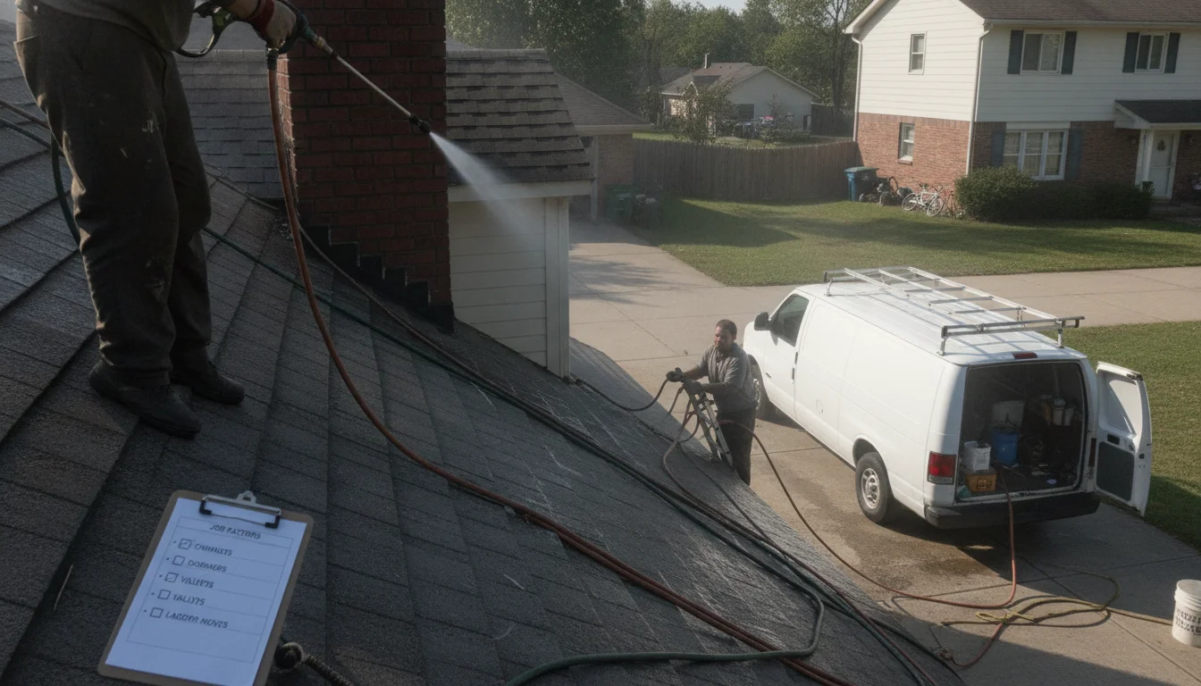 Setup needs can add time and influence methods, such as using soft wash from the ground to reduce ladder use