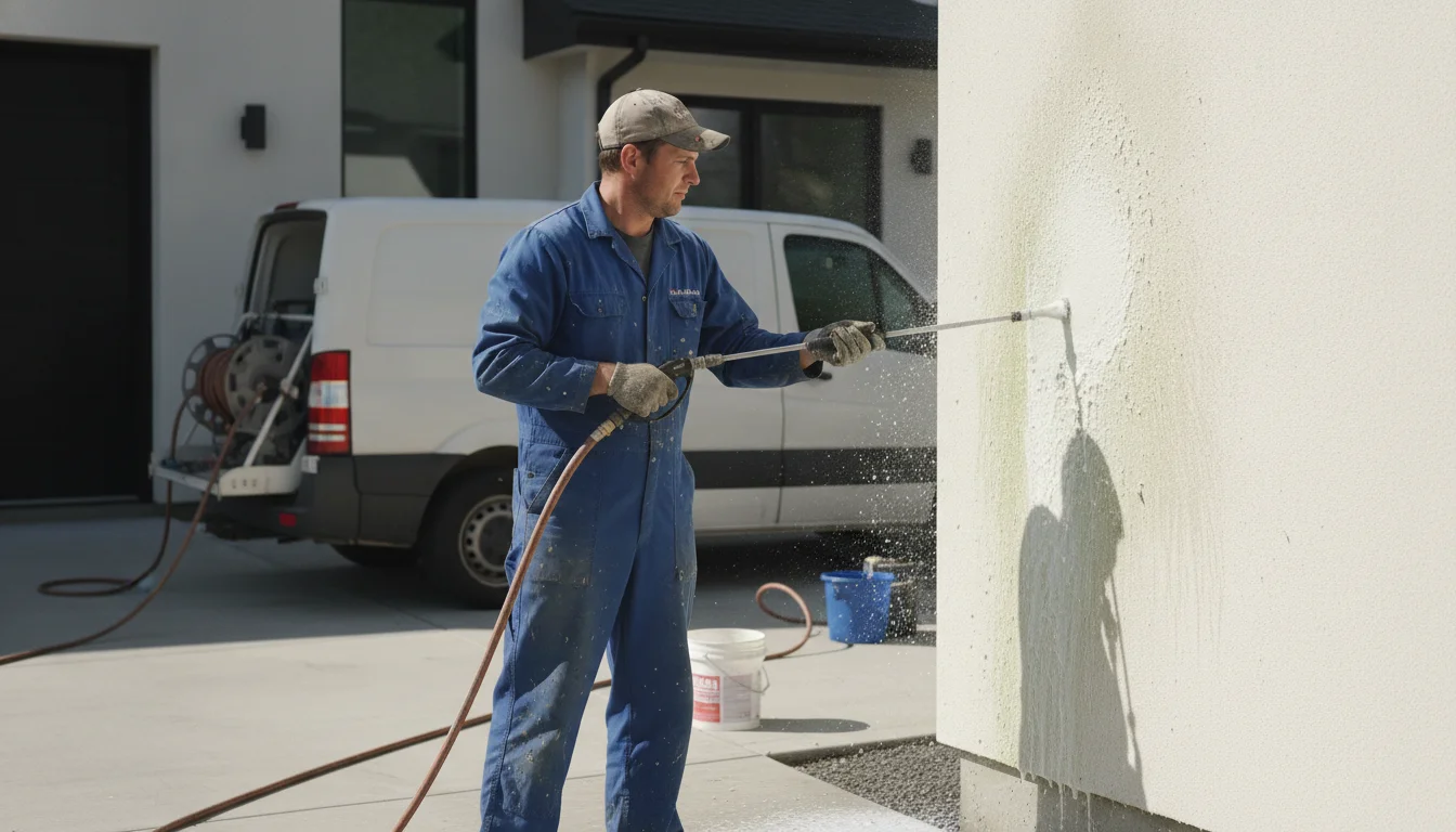 Soft washing stucco in Lafayette by Pressure Washing Lafayette, professional, clean modern setup